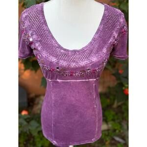 Free People Boho Embroidered Floral Distressed Top Size S